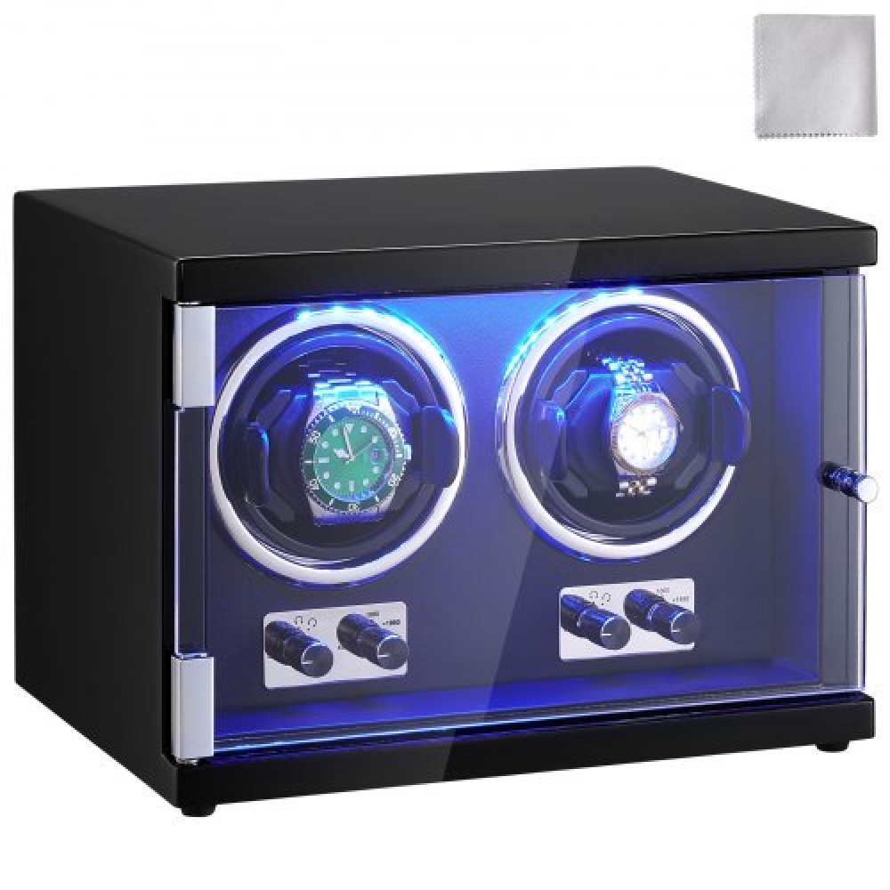 VEVOR Watch Winder, Dual Watch Winder για ανδρικό και γυναικείο αυτόματο ρολόι, με 2 Super Quiet Ιαπωνικά Mabuchi Motors, Blue LED Light και Adapter, High-Density Board Shell και Black PU