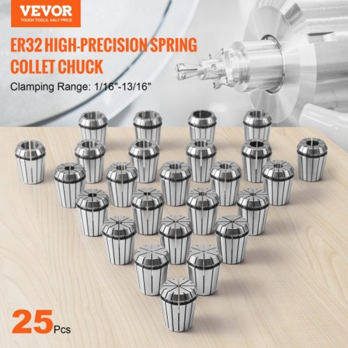 VEVOR 25 τεμ. ER32 Collet Set, 1/16''-13/16'', ER32 Spring Collet Chuck Set, 0,0006"/15 μm TIR Lathe Chuck Tool with 25 Labeled Storage Boxes, for CNC Graving Machine Press Milling Lathe Tool Drill