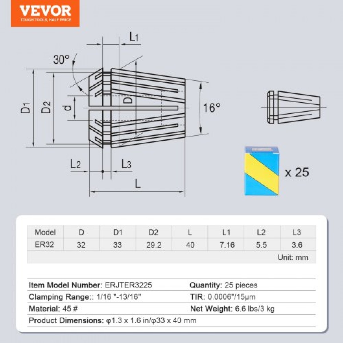 VEVOR 25 τεμ. ER32 Collet Set, 1/16''-13/16'', ER32 Spring Collet Chuck Set, 0,0006"/15 μm TIR Lathe Chuck Tool with 25 Labeled Storage Boxes, for CNC Graving Machine Press Milling Lathe Tool Drill