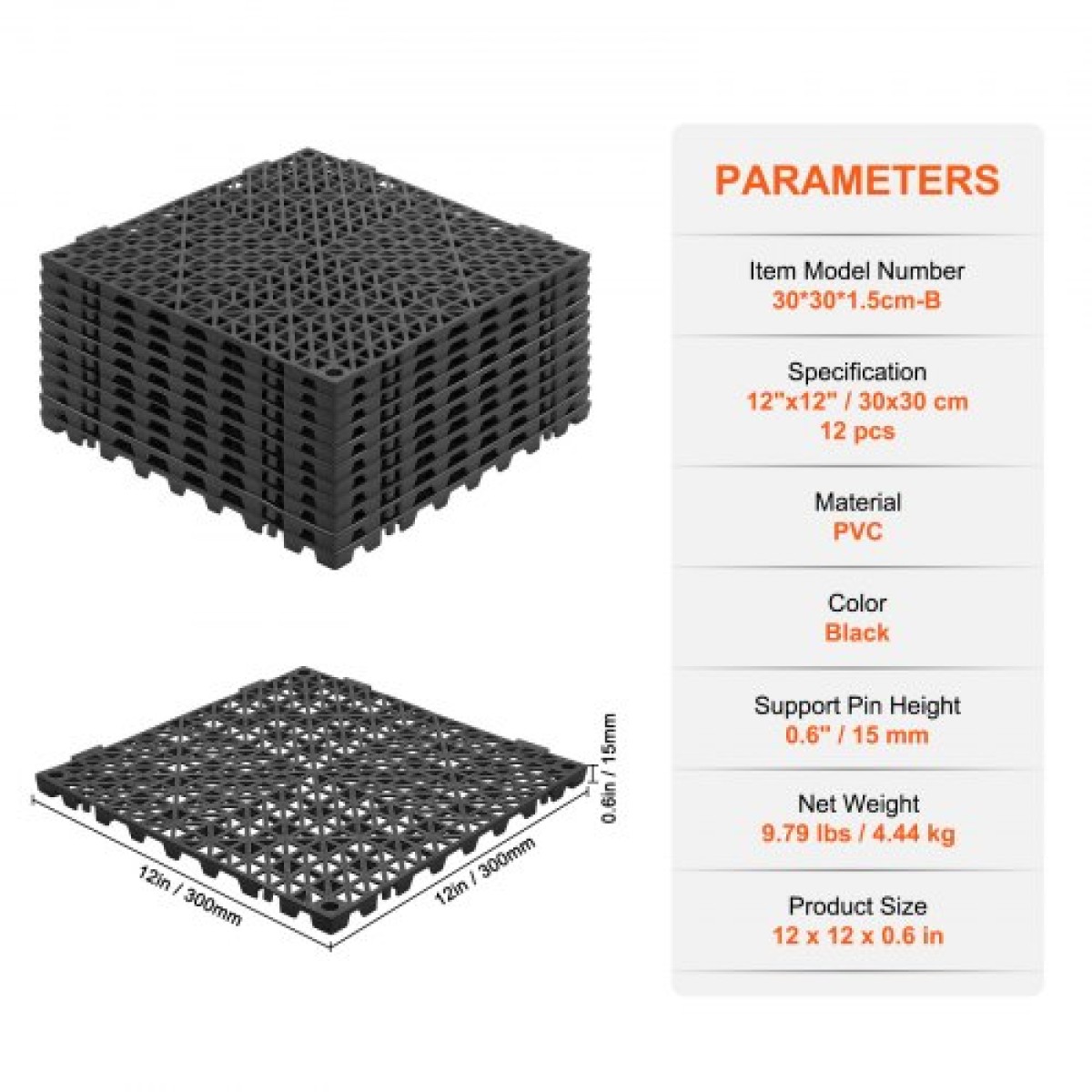Πλακάκια δαπέδου VEVOR Interlocking Drainage 30,5 x 30,5 cm Αντιολισθητικά πλακάκια δαπέδου PVC 12 Συσκευασία