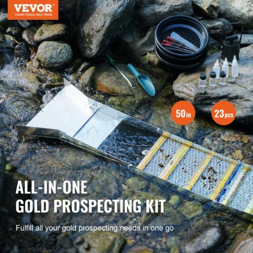 VEVOR Gold Panning Kit With Sluice Box, 127 cm Εξοπλισμός εξόρυξης χρυσού αλουμινίου, 23 PCS Gold Prospecting Kit με Gold Pan, Classifier Screen, Separating Magnet, Drawstring Backpack and αξεσουάρ