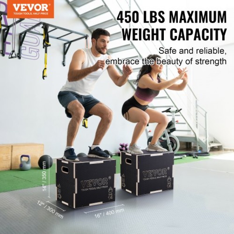 VEVOR 3 σε 1 Plyometric Jump Box, 16/14/12 Inch Wooden Plyo Box, Platform & Jumping Agility Box, Anti-slip Fitness Exercise Step Up Box for Home Gym Training, Conditioning Strength Training, Μαύρο