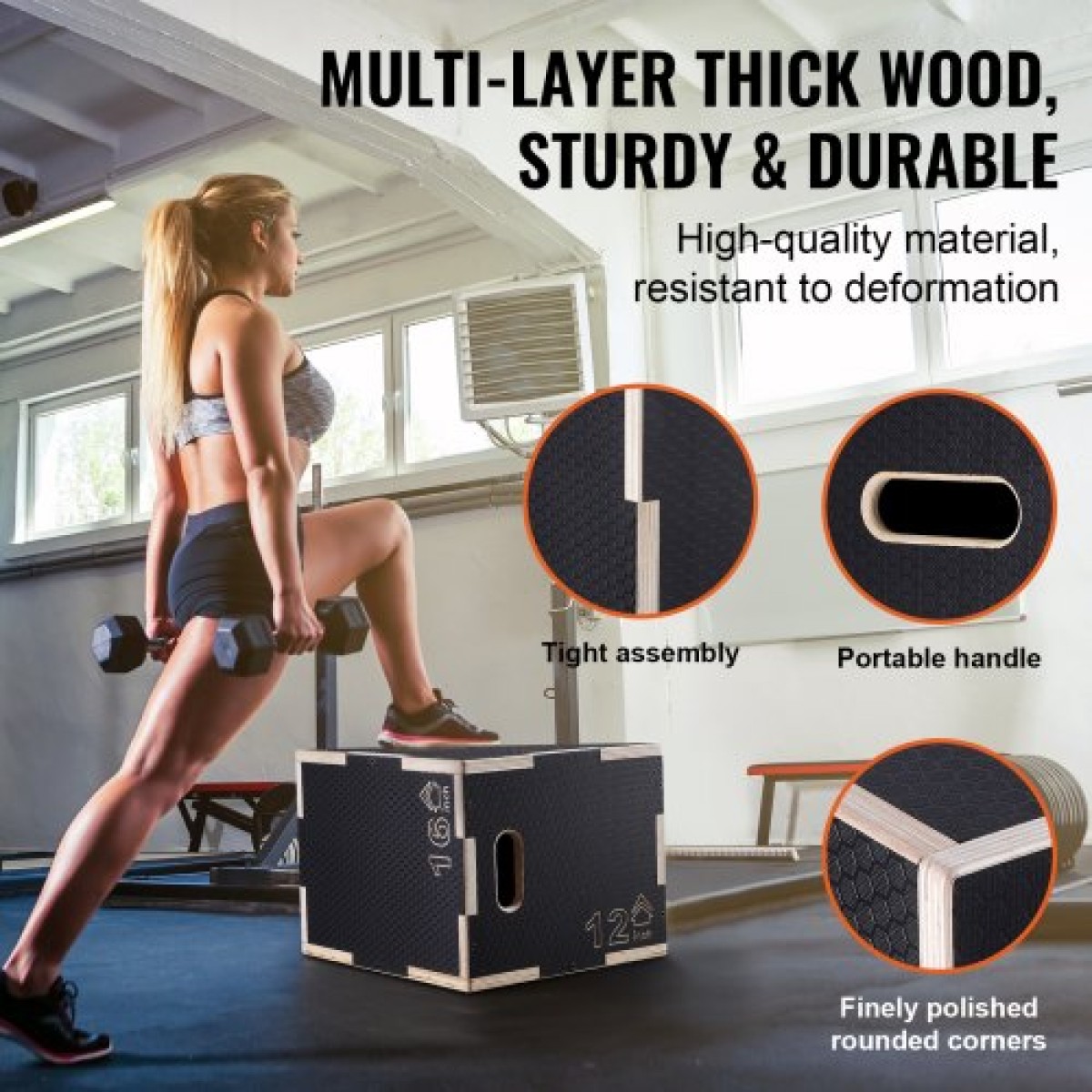 VEVOR 3 σε 1 Plyometric Jump Box, 16/14/12 Inch Wooden Plyo Box, Platform & Jumping Agility Box, Anti-slip Fitness Exercise Step Up Box for Home Gym Training, Conditioning Strength Training, Μαύρο