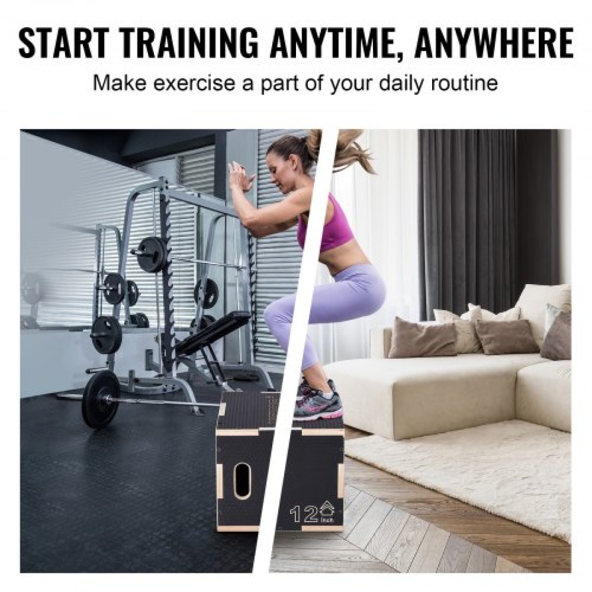 VEVOR 3 σε 1 Plyometric Jump Box, 16/14/12 Inch Wooden Plyo Box, Platform & Jumping Agility Box, Anti-slip Fitness Exercise Step Up Box for Home Gym Training, Conditioning Strength Training, Μαύρο