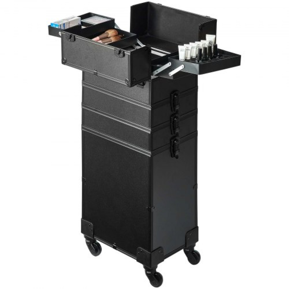 VEVOR 5 in 1 Professional Makeup Train Case Θήκη καλλυντικής αλουμινίου, κυλιόμενη θήκη μακιγιάζ Εξαιρετικά μεγάλο καρότσι μακιγιάζ Travel Organizer, με περιστρεφόμενους τροχούς 360° & Ρυθμιζόμενη ράβδο έλξης, Μαύρη