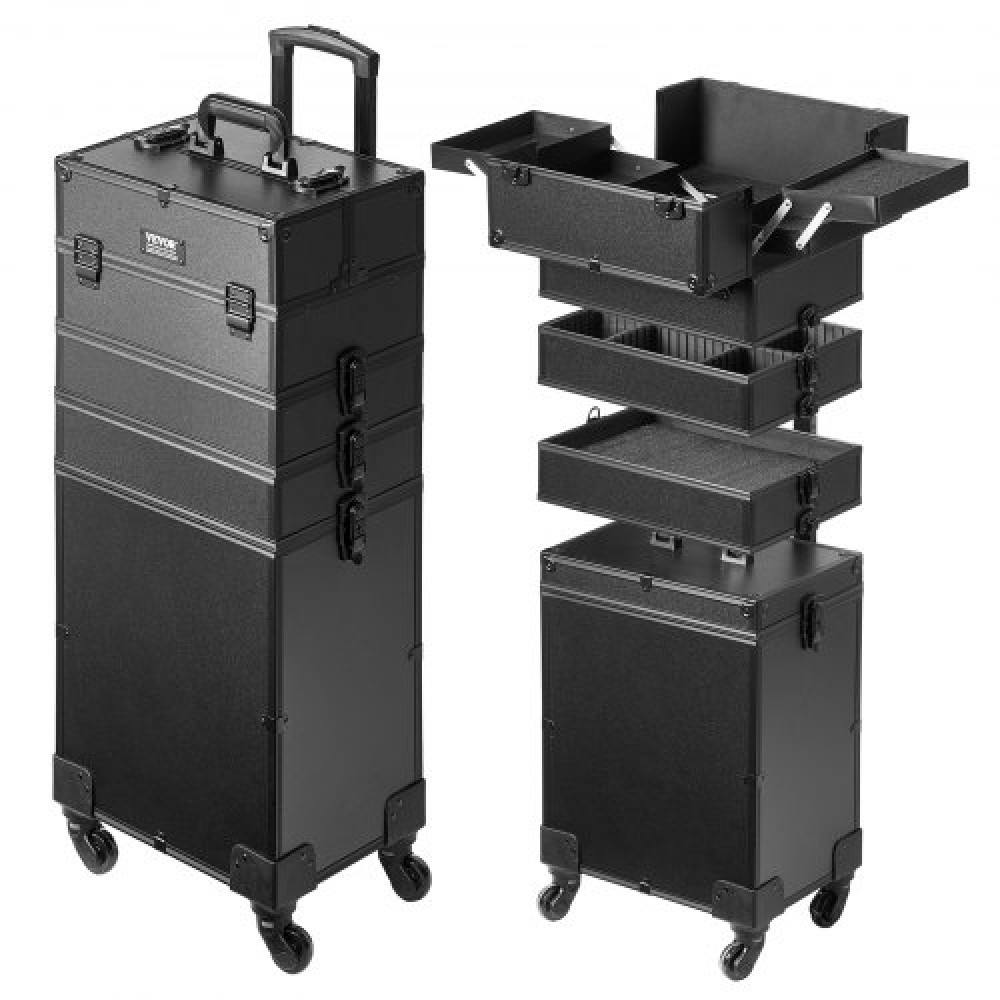 VEVOR 5 in 1 Professional Makeup Train Case Θήκη καλλυντικής αλουμινίου, κυλιόμενη θήκη μακιγιάζ Εξαιρετικά μεγάλο καρότσι μακιγιάζ Travel Organizer, με περιστρεφόμενους τροχούς 360° & Ρυθμιζόμενη ράβδο έλξης, Μαύρη