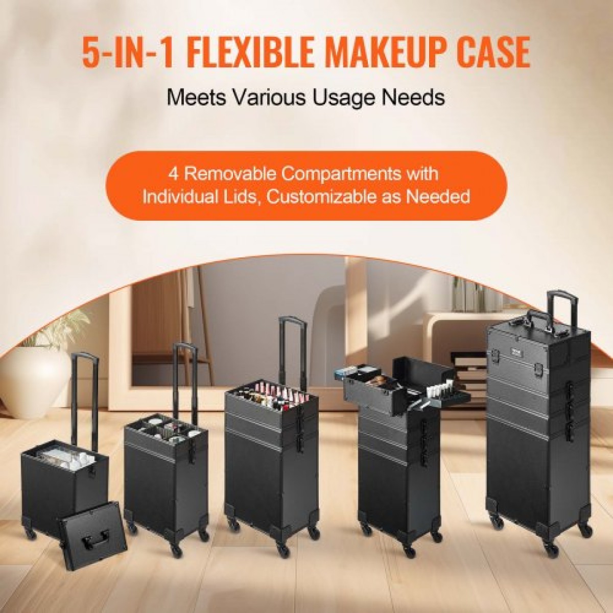 VEVOR 5 in 1 Professional Makeup Train Case Θήκη καλλυντικής αλουμινίου, κυλιόμενη θήκη μακιγιάζ Εξαιρετικά μεγάλο καρότσι μακιγιάζ Travel Organizer, με περιστρεφόμενους τροχούς 360° & Ρυθμιζόμενη ράβδο έλξης, Μαύρη