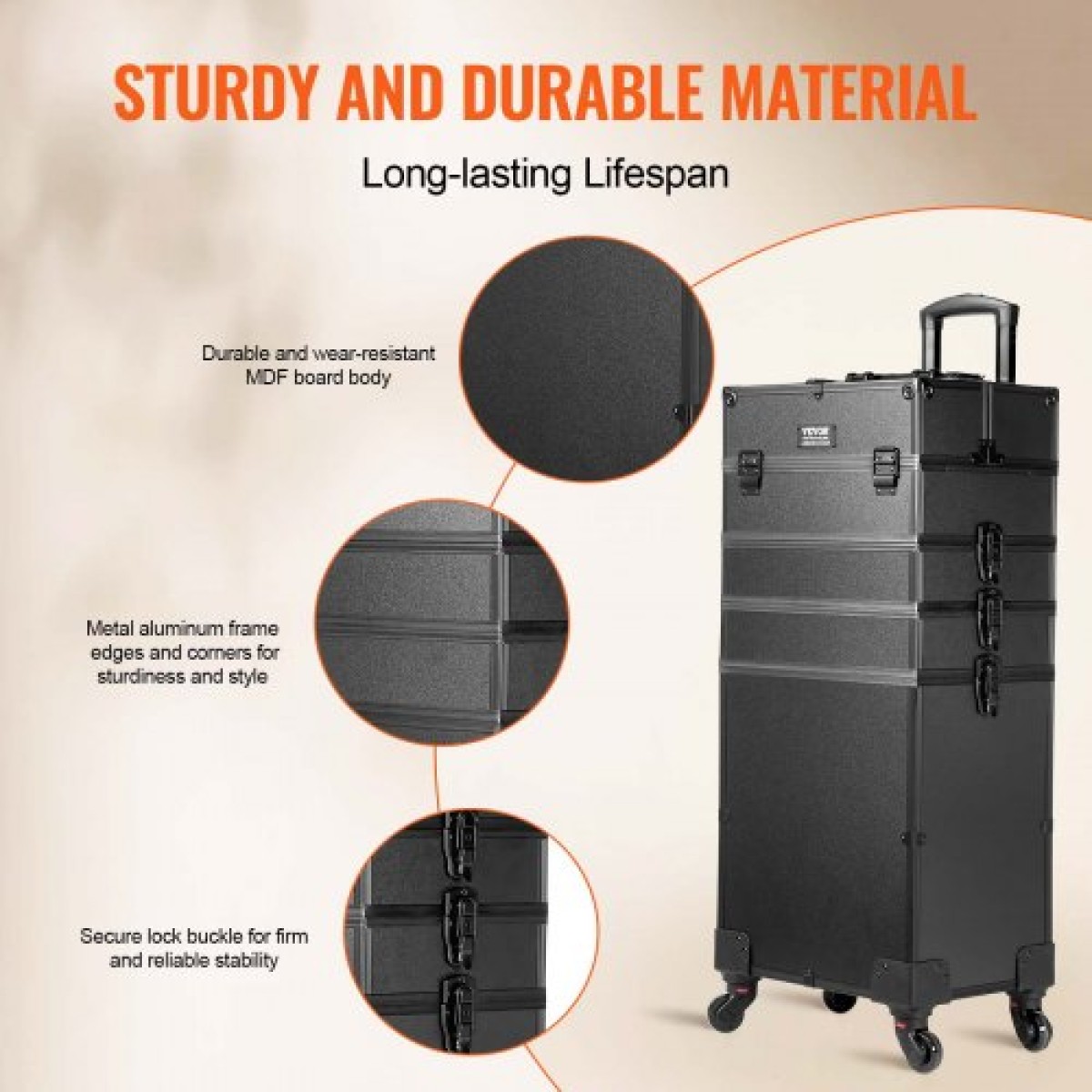 VEVOR 5 in 1 Professional Makeup Train Case Θήκη καλλυντικής αλουμινίου, κυλιόμενη θήκη μακιγιάζ Εξαιρετικά μεγάλο καρότσι μακιγιάζ Travel Organizer, με περιστρεφόμενους τροχούς 360° & Ρυθμιζόμενη ράβδο έλξης, Μαύρη