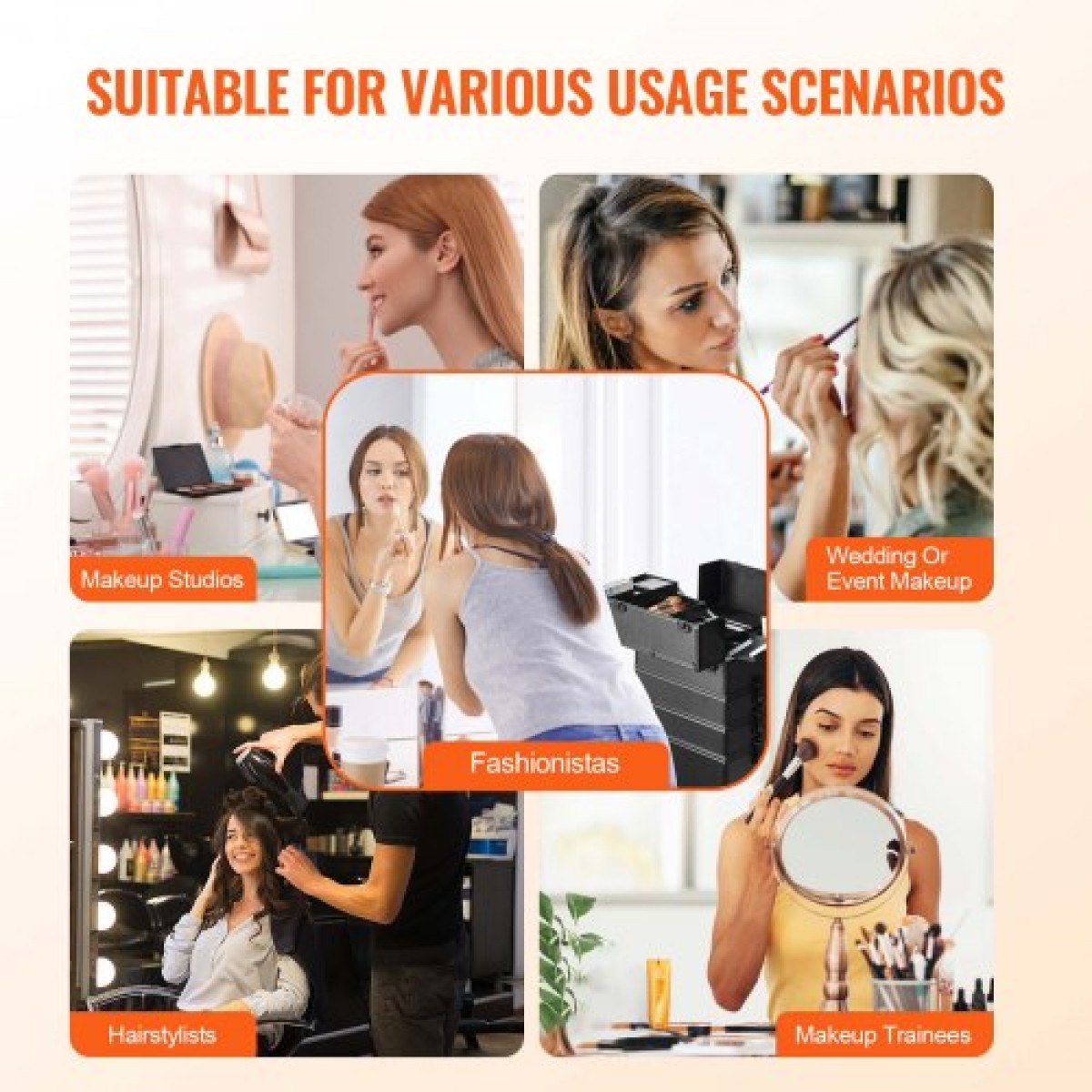 VEVOR 5 in 1 Professional Makeup Train Case Θήκη καλλυντικής αλουμινίου, κυλιόμενη θήκη μακιγιάζ Εξαιρετικά μεγάλο καρότσι μακιγιάζ Travel Organizer, με περιστρεφόμενους τροχούς 360° & Ρυθμιζόμενη ράβδο έλξης, Μαύρη