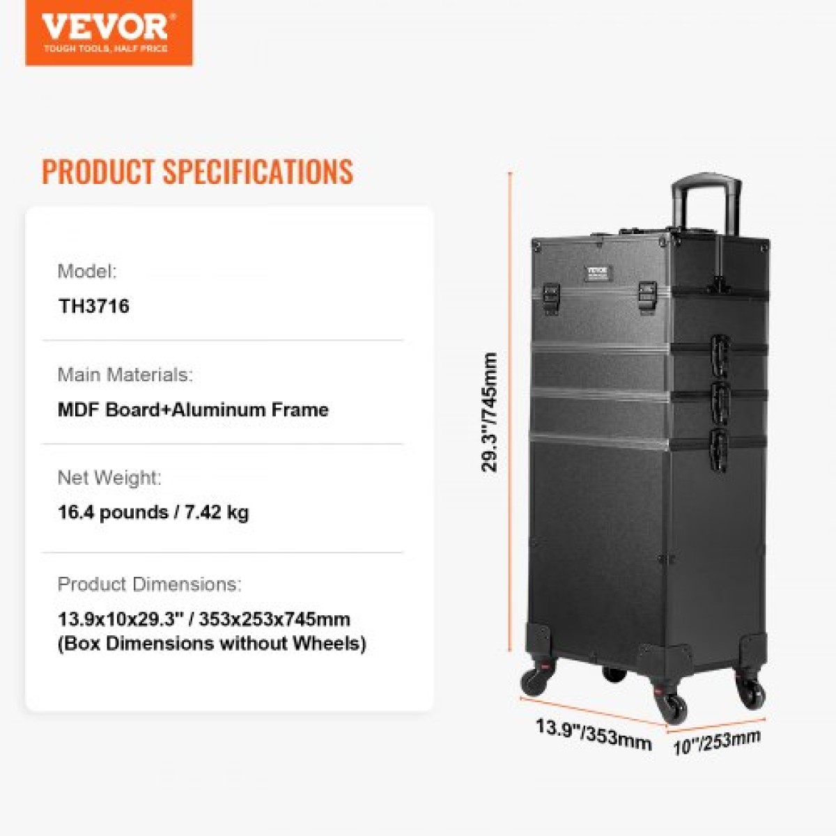 VEVOR 5 in 1 Professional Makeup Train Case Θήκη καλλυντικής αλουμινίου, κυλιόμενη θήκη μακιγιάζ Εξαιρετικά μεγάλο καρότσι μακιγιάζ Travel Organizer, με περιστρεφόμενους τροχούς 360° & Ρυθμιζόμενη ράβδο έλξης, Μαύρη