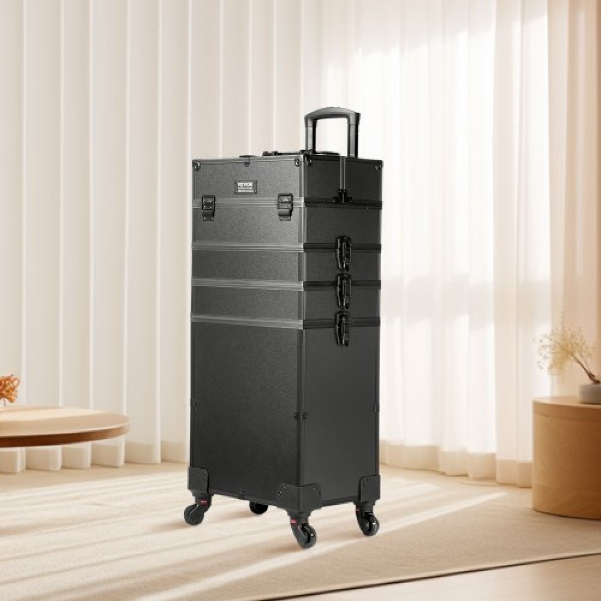 VEVOR 5 in 1 Professional Makeup Train Case Θήκη καλλυντικής αλουμινίου, κυλιόμενη θήκη μακιγιάζ Εξαιρετικά μεγάλο καρότσι μακιγιάζ Travel Organizer, με περιστρεφόμενους τροχούς 360° & Ρυθμιζόμενη ράβδο έλξης, Μαύρη
