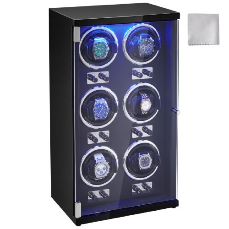 VEVOR Watch Winder, κουρδιστήρι ρολογιών για 6 ανδρικά και γυναικεία αυτόματα ρολόγια, με 6 εξαιρετικά αθόρυβα ιαπωνικά μοτέρ Mabuchi, μπλε φως LED και αντάπτορα, κέλυφος πλακέτας υψηλής πυκνότητας και μαύρο PU