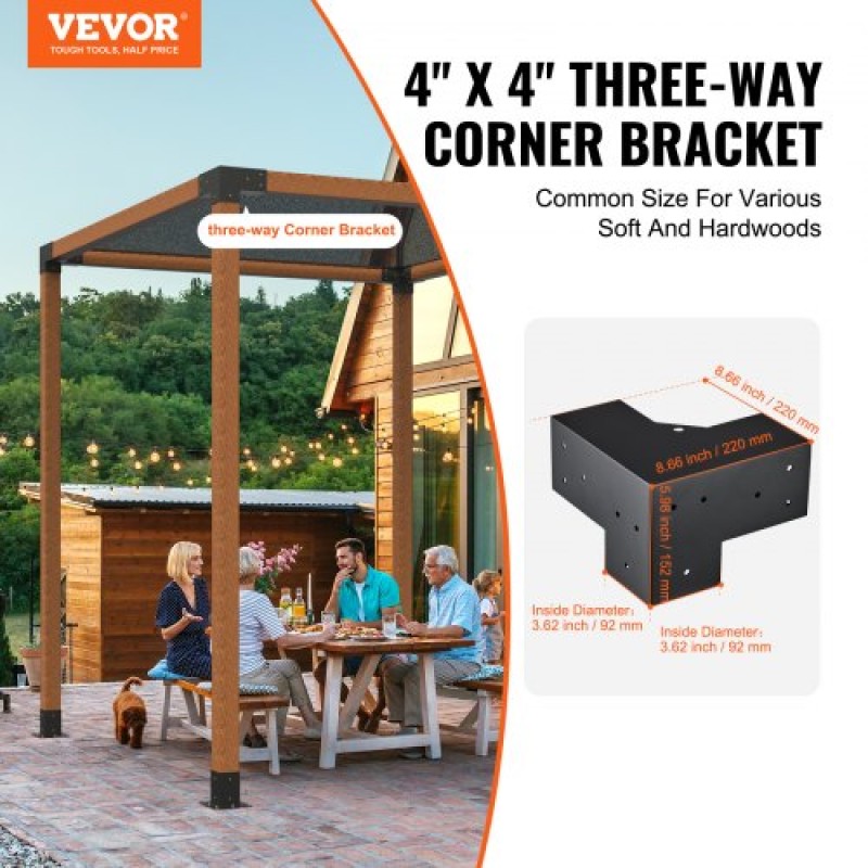 Σετ βραχίονα πέργκολας VEVOR 10,2 cm x 10,2 cm, εσωτερικό μέγεθος 9,1 cm x 9,1 cm 4 τμχ Γωνιακό στήριγμα 3-Way Heavy Duty Woodworks DIY Base Post Kit, Εύκολη εγκατάσταση Ξύλινα δοκάρια για κιόσκια, πέργκολες βεράντας, κούτσουρο πέργκολα