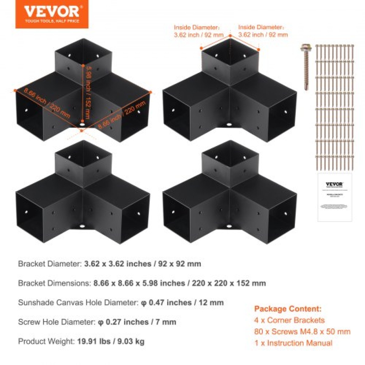 Σετ βραχίονα πέργκολας VEVOR 10,2 cm x 10,2 cm, εσωτερικό μέγεθος 9,1 cm x 9,1 cm 4 τμχ Γωνιακό στήριγμα 3-Way Heavy Duty Woodworks DIY Base Post Kit, Εύκολη εγκατάσταση Ξύλινα δοκάρια για κιόσκια, πέργκολες βεράντας, κούτσουρο πέργκολα