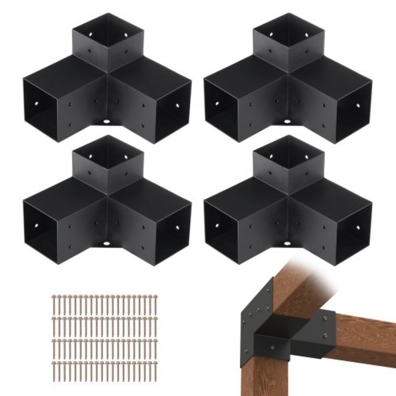 Σετ βραχίονα πέργκολας VEVOR 10,2 cm x 10,2 cm, εσωτερικό μέγεθος 9,1 cm x 9,1 cm 4 τμχ Γωνιακό στήριγμα 3-Way Heavy Duty Woodworks DIY Base Post Kit, Εύκολη εγκατάσταση Ξύλινα δοκάρια για κιόσκια, πέργκολες βεράντας, κούτσουρο πέργκολα