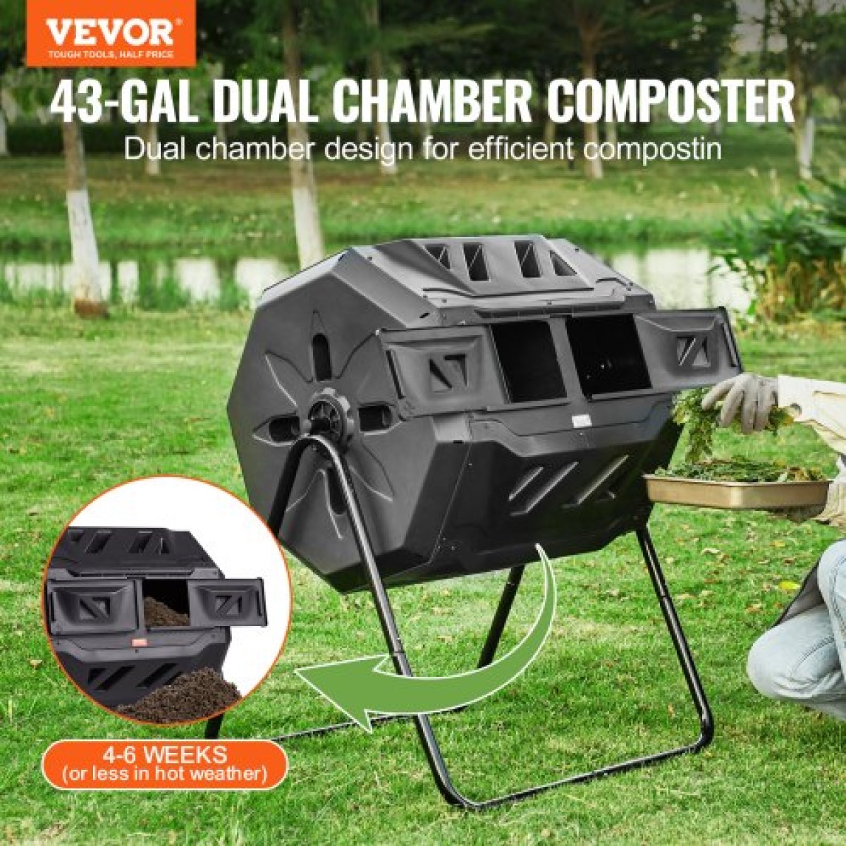 VEVOR Compost Bin, 162,8 L Dual Chamber Composting Tumbler, Large Tumbling Rotating Composter με 2 συρόμενες πόρτες και χαλύβδινο πλαίσιο, BPA Free Composter Bin Tumbler για κήπο, κουζίνα, αυλή, εξωτερικό χώρο