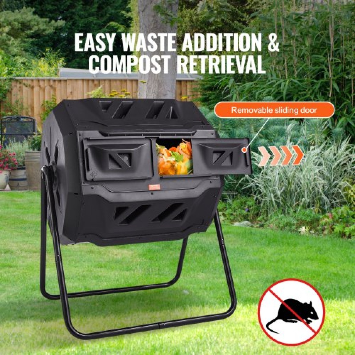 VEVOR Compost Bin, 162,8 L Dual Chamber Composting Tumbler, Large Tumbling Rotating Composter με 2 συρόμενες πόρτες και χαλύβδινο πλαίσιο, BPA Free Composter Bin Tumbler για κήπο, κουζίνα, αυλή, εξωτερικό χώρο