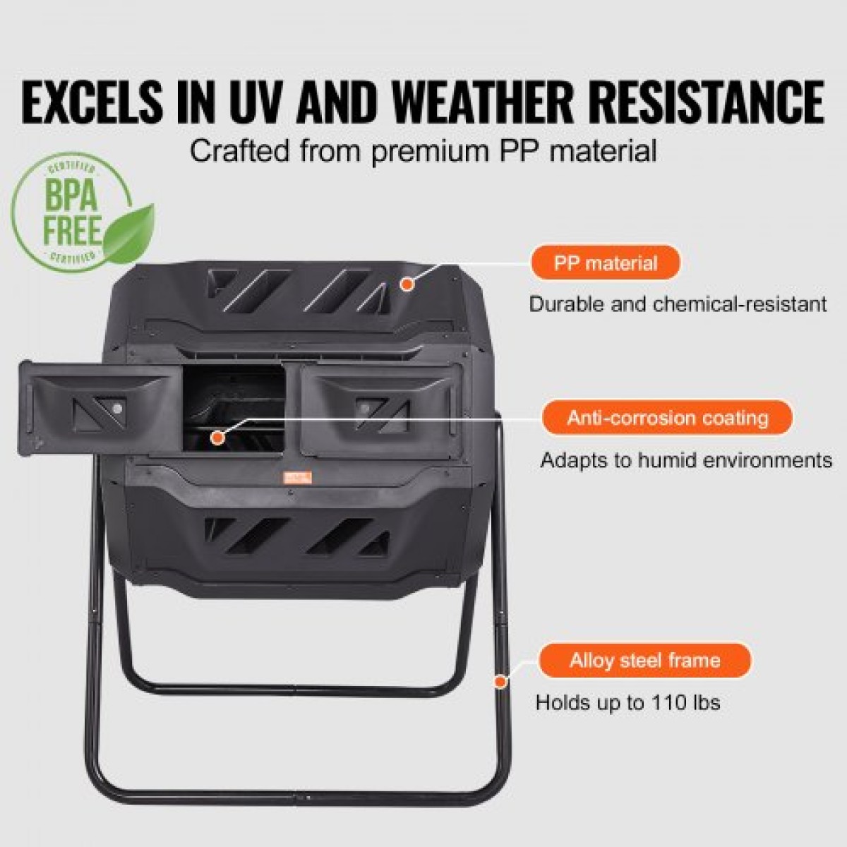 VEVOR Compost Bin, 162,8 L Dual Chamber Composting Tumbler, Large Tumbling Rotating Composter με 2 συρόμενες πόρτες και χαλύβδινο πλαίσιο, BPA Free Composter Bin Tumbler για κήπο, κουζίνα, αυλή, εξωτερικό χώρο