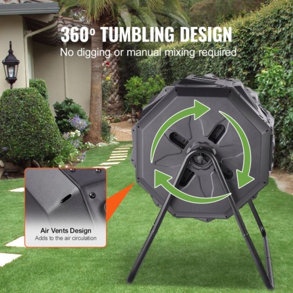 VEVOR Compost Bin, 162,8 L Dual Chamber Composting Tumbler, Large Tumbling Rotating Composter με 2 συρόμενες πόρτες και χαλύβδινο πλαίσιο, BPA Free Composter Bin Tumbler για κήπο, κουζίνα, αυλή, εξωτερικό χώρο