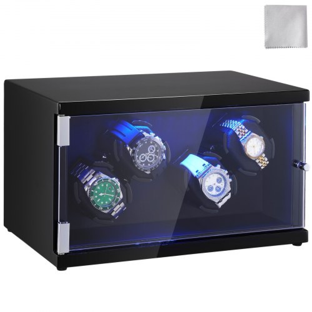 VEVOR Watch Winder, κουρδιστήρι ρολογιών για 4 ανδρικά και γυναικεία αυτόματα ρολόγια, με 2 εξαιρετικά αθόρυβα ιαπωνικά μοτέρ Mabuchi, μπλε φως LED και αντάπτορα, κέλυφος πλακέτας υψηλής πυκνότητας και μαύρο PU