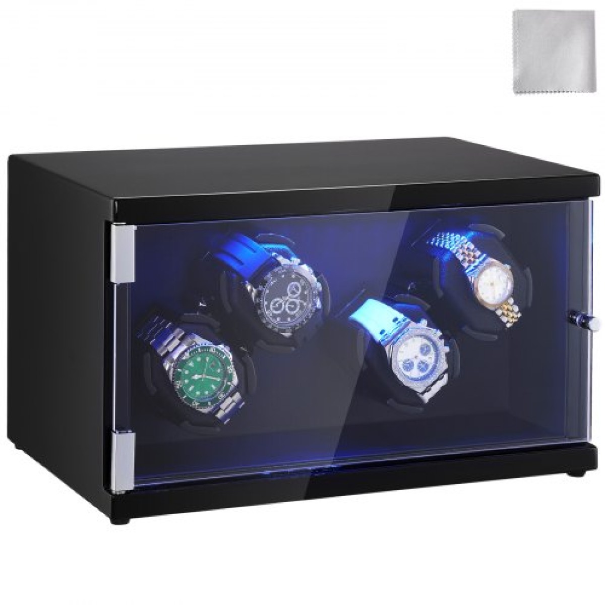 VEVOR Watch Winder, κουρδιστήρι ρολογιών για 4 ανδρικά και γυναικεία αυτόματα ρολόγια, με 2 εξαιρετικά αθόρυβα ιαπωνικά μοτέρ Mabuchi, μπλε φως LED και αντάπτορα, κέλυφος πλακέτας υψηλής πυκνότητας και μαύρο PU