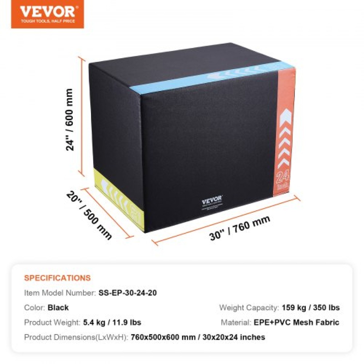VEVOR 3 σε 1 Plyometric Jump Box, 30/24/20 Inch Foam Plyo Box, Platform & Jumping Agility Box, Anti-slip Fitness Step Up Box for Home Gym Training, Conditioning Strength Training, Μαύρο