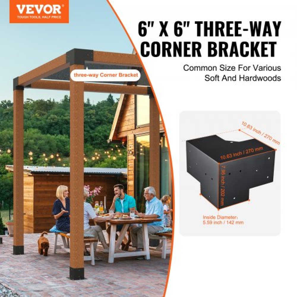 Σετ βραχίονα πέργκολας VEVOR 6''x6''(εσωτερικό μέγεθος 5,6x5,6), 4 τμχ γωνιακό στήριγμα 3-Way βαρέως τύπου Woodworks DIY Post Base Kit, Ξύλινα δοκάρια εύκολης εγκατάστασης για κιόσκια, πέργκολες βεράντας, ξύλινη καμπίνα εξωτερικού χώρο