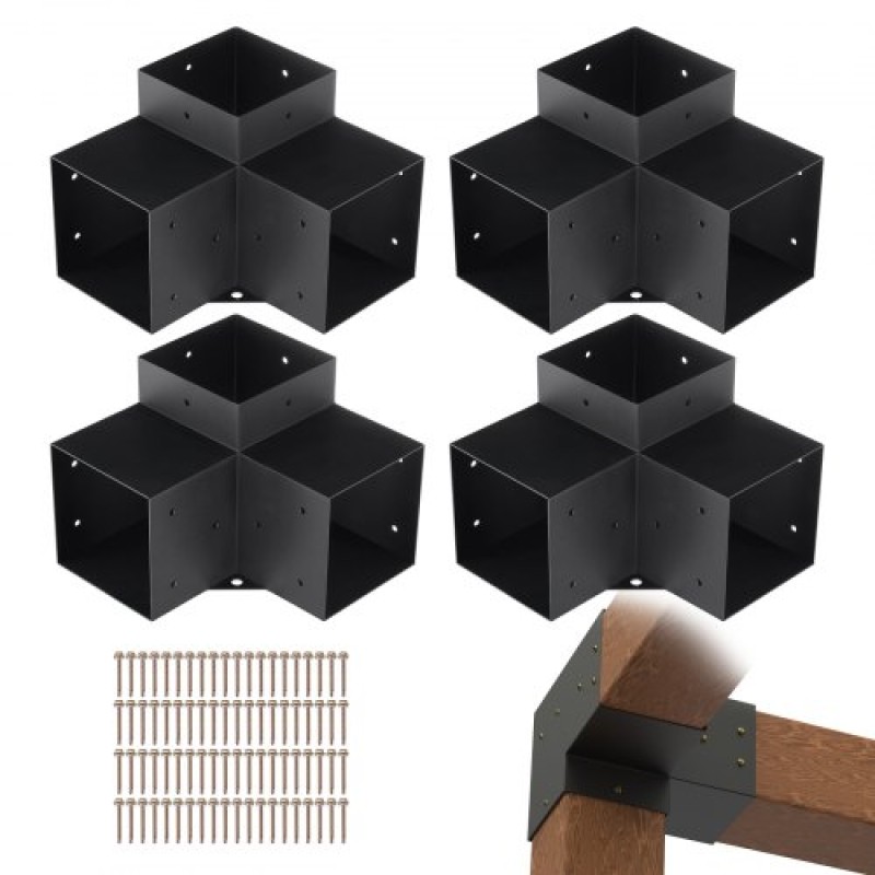 Σετ βραχίονα πέργκολας VEVOR 6''x6''(εσωτερικό μέγεθος 5,6x5,6), 4 τμχ γωνιακό στήριγμα 3-Way βαρέως τύπου Woodworks DIY Post Base Kit, Ξύλινα δοκάρια εύκολης εγκατάστασης για κιόσκια, πέργκολες βεράντας, ξύλινη καμπίνα εξωτερικού χώρο