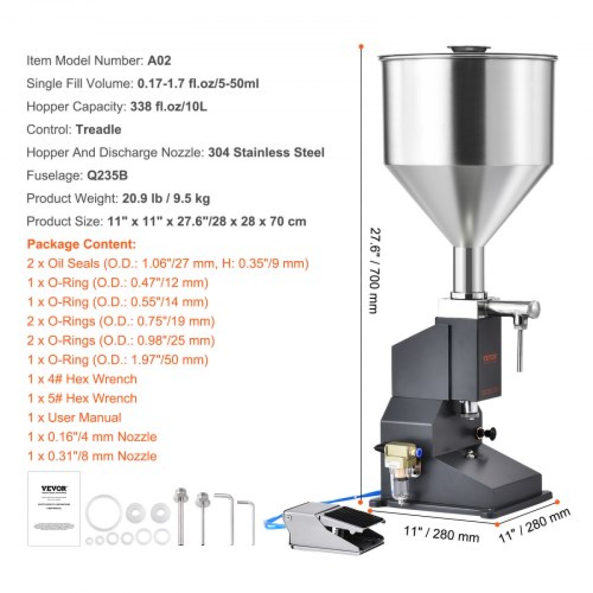 VEVOR Pneumatic Paste Liquid Filling Machine, 5-50ml Bottle Filler, Bottle Filler Machine, Inox Steel Liquid Filler with Pedal for Milk Water Juice Essential Oil Shampoo Cosmetic Honey Lotion