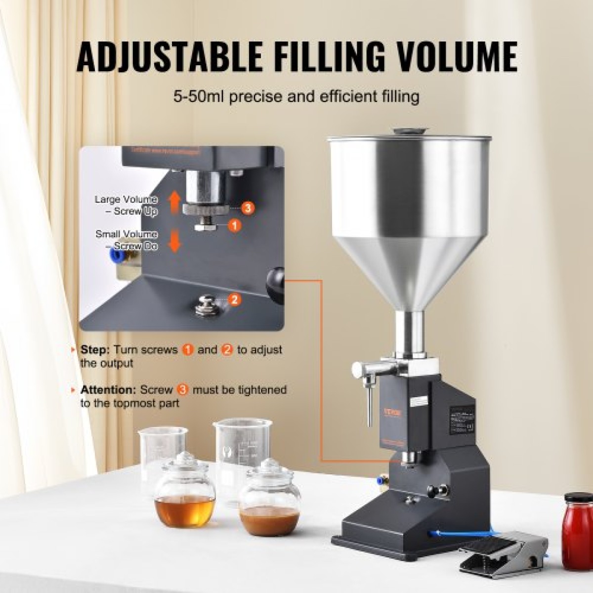 VEVOR Pneumatic Paste Liquid Filling Machine, 5-50ml Bottle Filler, Bottle Filler Machine, Inox Steel Liquid Filler with Pedal for Milk Water Juice Essential Oil Shampoo Cosmetic Honey Lotion
