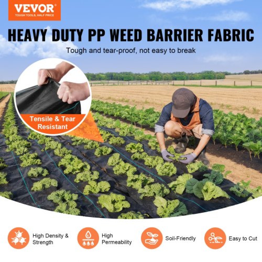 VEVOR Weed Barrier Landscape Fabric, 3.28*164FT Heavy Duty Garden Weed Fabric, Woven PP Weed Control Fabric, Driveway Fabric, Geotextile Fabric for Landscaping, Ground Cover, Weed Blocker Weed Mat, Bl