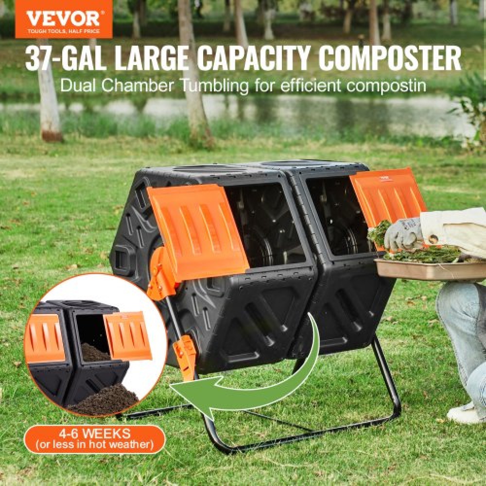 VEVOR Compost Bin, 140,1L Dual Chamber Composting Tumbler, High Volume Two Rotating Chambers with 2 συρόμενες πόρτες και χαλύβδινο πλαίσιο, BPA Free Composter Bin Tumbler για κήπο, κουζίνα, αυλή, εξωτερικό χώρο