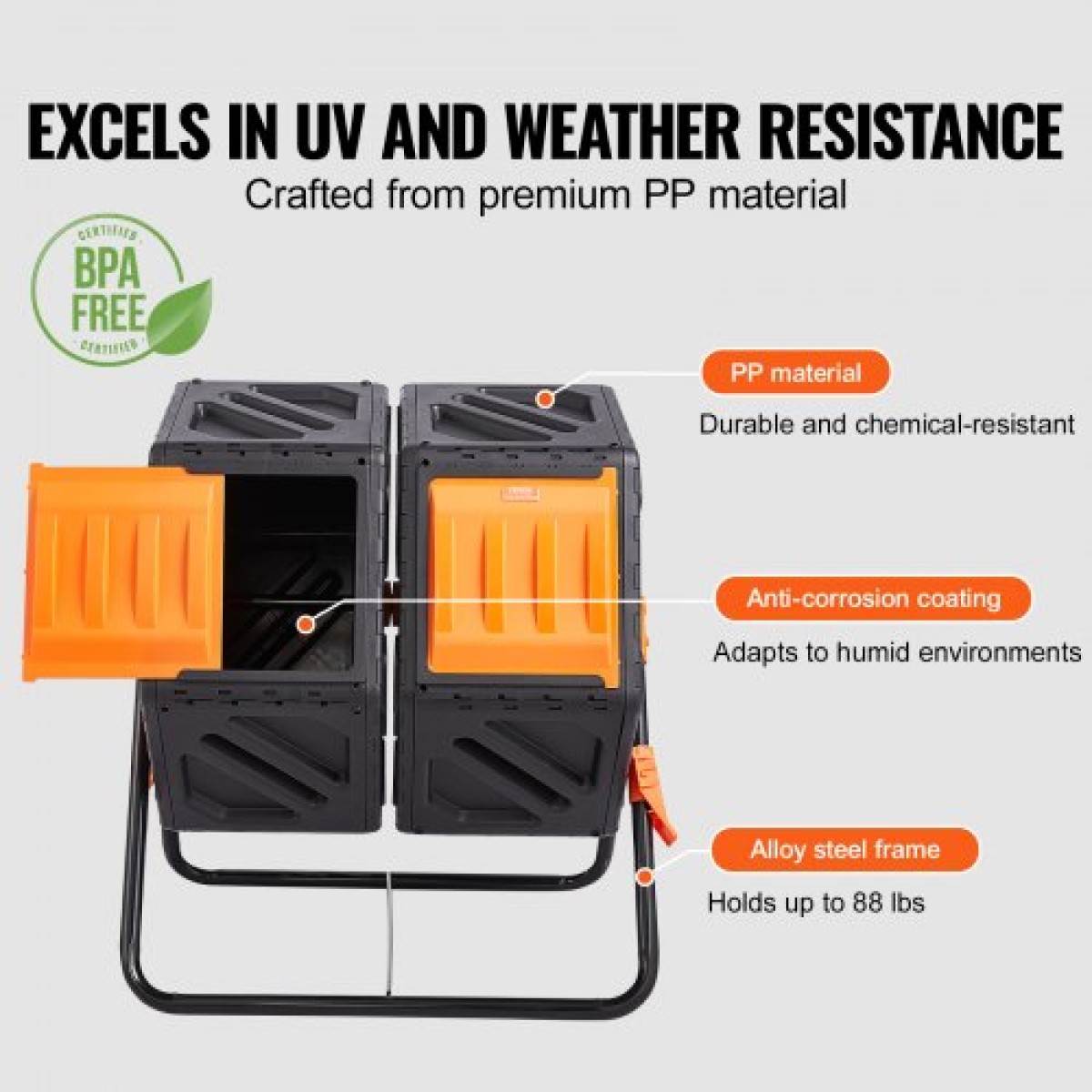 VEVOR Compost Bin, 140,1L Dual Chamber Composting Tumbler, High Volume Two Rotating Chambers with 2 συρόμενες πόρτες και χαλύβδινο πλαίσιο, BPA Free Composter Bin Tumbler για κήπο, κουζίνα, αυλή, εξωτερικό χώρο