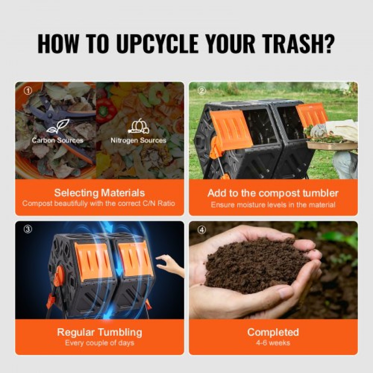 VEVOR Compost Bin, 140,1L Dual Chamber Composting Tumbler, High Volume Two Rotating Chambers with 2 συρόμενες πόρτες και χαλύβδινο πλαίσιο, BPA Free Composter Bin Tumbler για κήπο, κουζίνα, αυλή, εξωτερικό χώρο