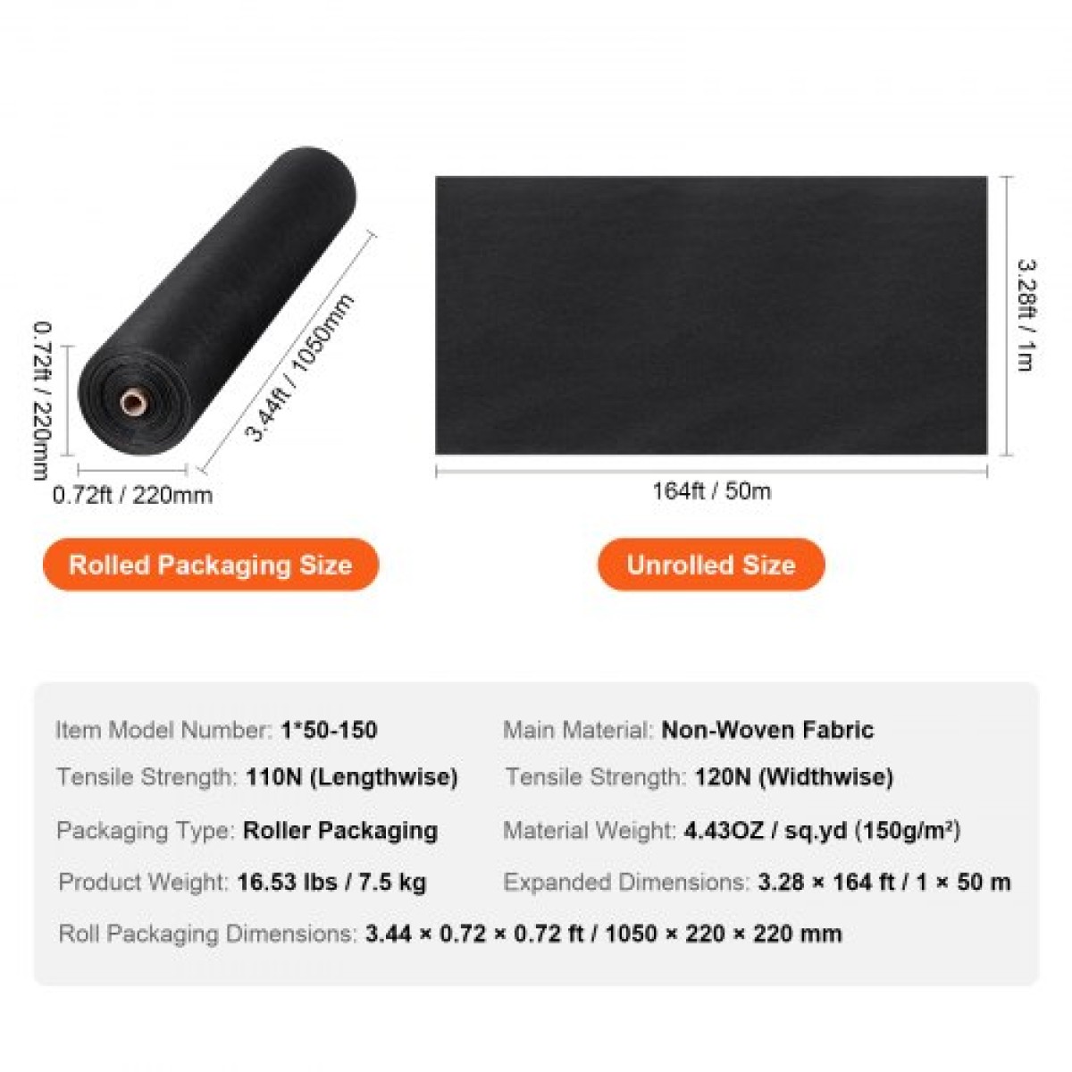 VEVOR Driveway Fabric, 1 x 50 m Non Woven Geotextile Fabric for Landscape, Heavy Duty Garden Weed Barrier Fabric, 125,6 g Landscape Fabric, French Drains Drainage Fabric, Ground Cover Weed Control