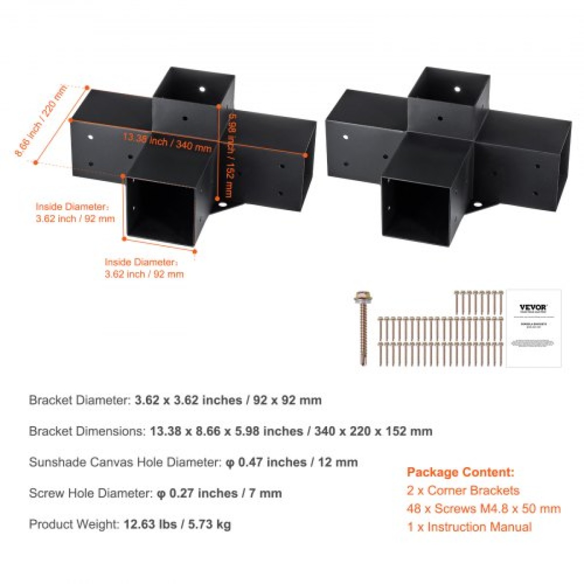 Σετ βραχίονα πέργκολας VEVOR 10,2 cm x 10,2 cm, εσωτερικό μέγεθος 9,1 cm x 9,1 cm 2 τεμ.