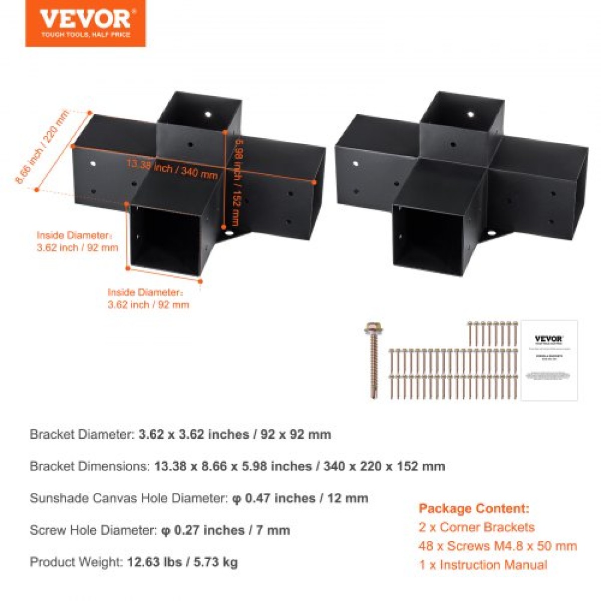 Σετ βραχίονα πέργκολας VEVOR 10,2 cm x 10,2 cm, εσωτερικό μέγεθος 9,1 cm x 9,1 cm 2 τεμ.