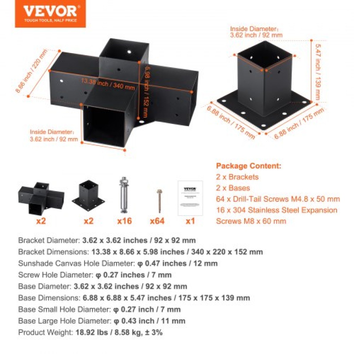 Σετ βραχίονα πέργκολας VEVOR, 4x4 ιντσών (εσωτερικό μέγεθος 92 x 92 mm), 2 τεμ. γωνιακό στήριγμα βαρέως τύπου 4-Way Woodworks DIY Base Post Kit, Ξύλινα δοκάρια εύκολης εγκατάστασης για κιόσκια, πέργκολες βεράντας, ξύλινη καμπίνα