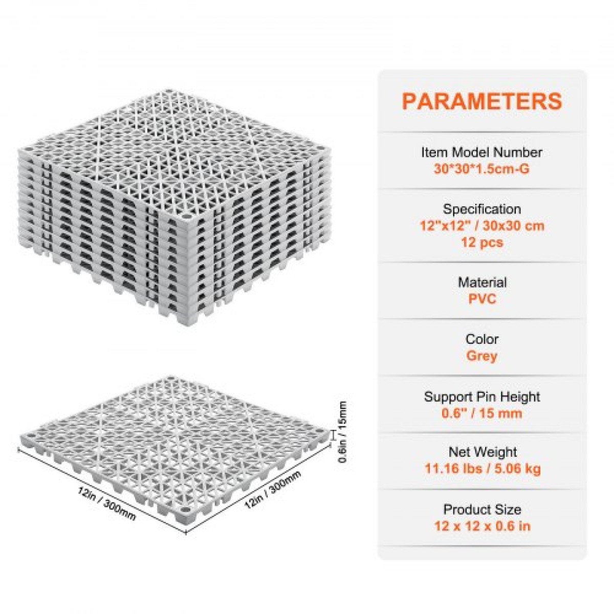 Πλακάκια δαπέδου VEVOR Interlocking Drainage 30,5 x 30,5 cm Αντιολισθητικά πλακάκια δαπέδου PVC 12 Συσκευασία