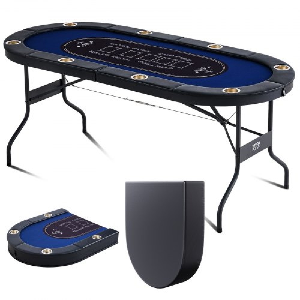 VEVOR 8 Player Foldable Poker Table, Blackjack Texas Holdem Poker Table with Padded Rails and Stainless Steel Cup Holders, Portable Folding Card Board Game Table, 72" Oval Casino Leisure Table