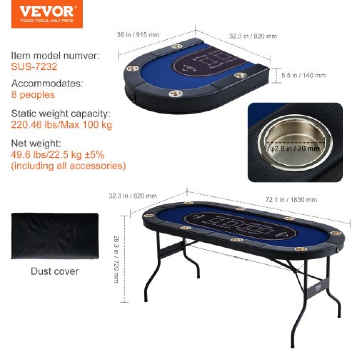 VEVOR 8 Πτυσσόμενο Τραπέζι Πόκερ Παικτών, Τραπέζι πόκερ Blackjack Texas Holdem με επενδεδυμένες ράγες και ποτηροθήκες από ανοξείδωτο ατσάλι, φορητό επιτραπέζιο τραπέζι παιχνιδιών με πτυσσόμενα χαρτιά, 1830 χιλ. οβάλ τραπέζι καζίνο