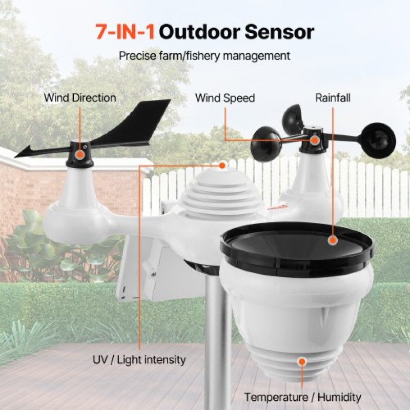 VEVOR 7-σε-1 Wi-Fi Μετεωρολογικός Σταθμός 186 mm (7 ίντσες) Οθόνη TFT Ασύρματος εξωτερικός αισθητήρας