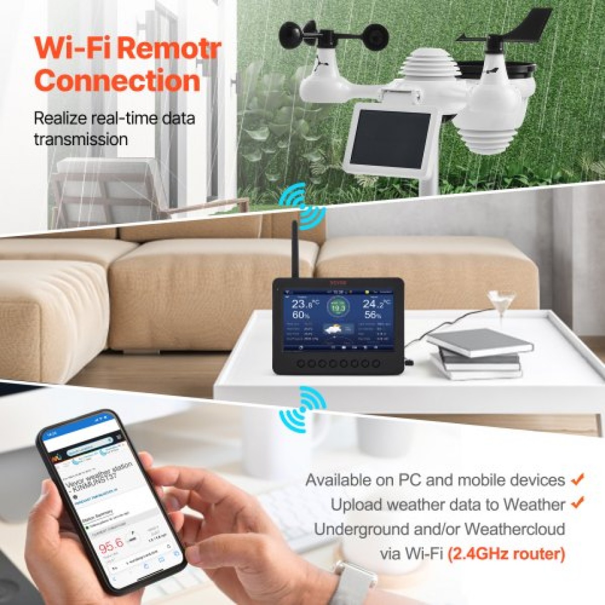 VEVOR 7-σε-1 Wi-Fi Μετεωρολογικός Σταθμός 186 mm (7 ίντσες) Οθόνη TFT Ασύρματος εξωτερικός αισθητήρας