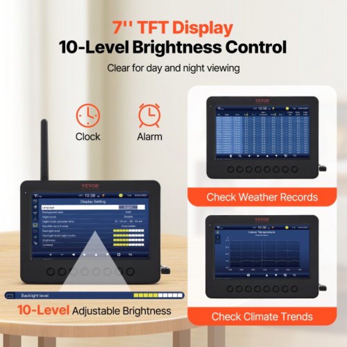 VEVOR 7-σε-1 Wi-Fi Μετεωρολογικός Σταθμός 186 mm (7 ίντσες) Οθόνη TFT Ασύρματος εξωτερικός αισθητήρας