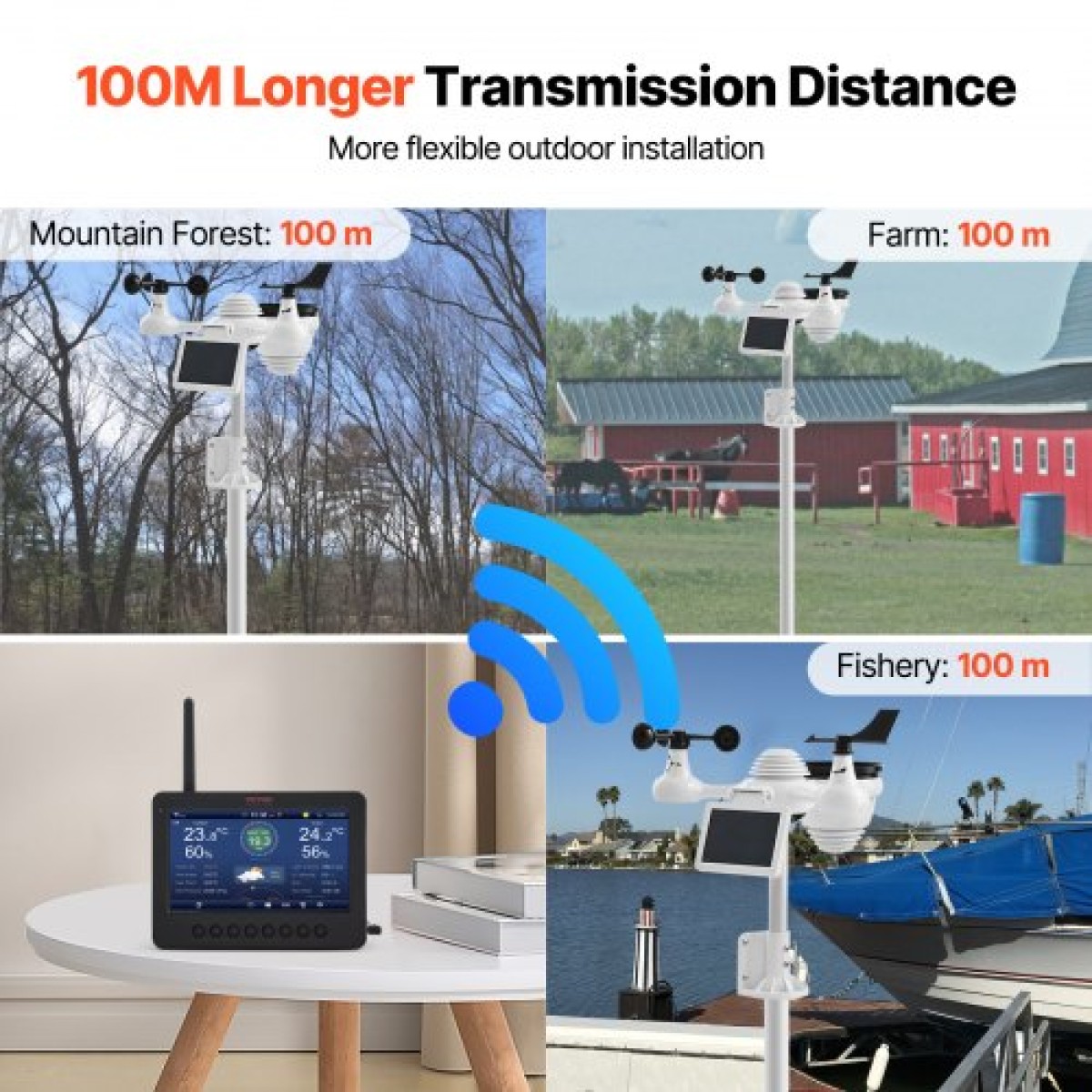 VEVOR 7-σε-1 Wi-Fi Μετεωρολογικός Σταθμός 186 mm (7 ίντσες) Οθόνη TFT Ασύρματος εξωτερικός αισθητήρας