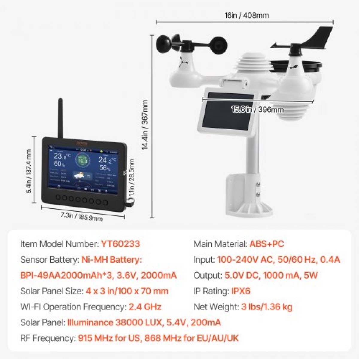 VEVOR 7-σε-1 Wi-Fi Μετεωρολογικός Σταθμός 186 mm (7 ίντσες) Οθόνη TFT Ασύρματος εξωτερικός αισθητήρας