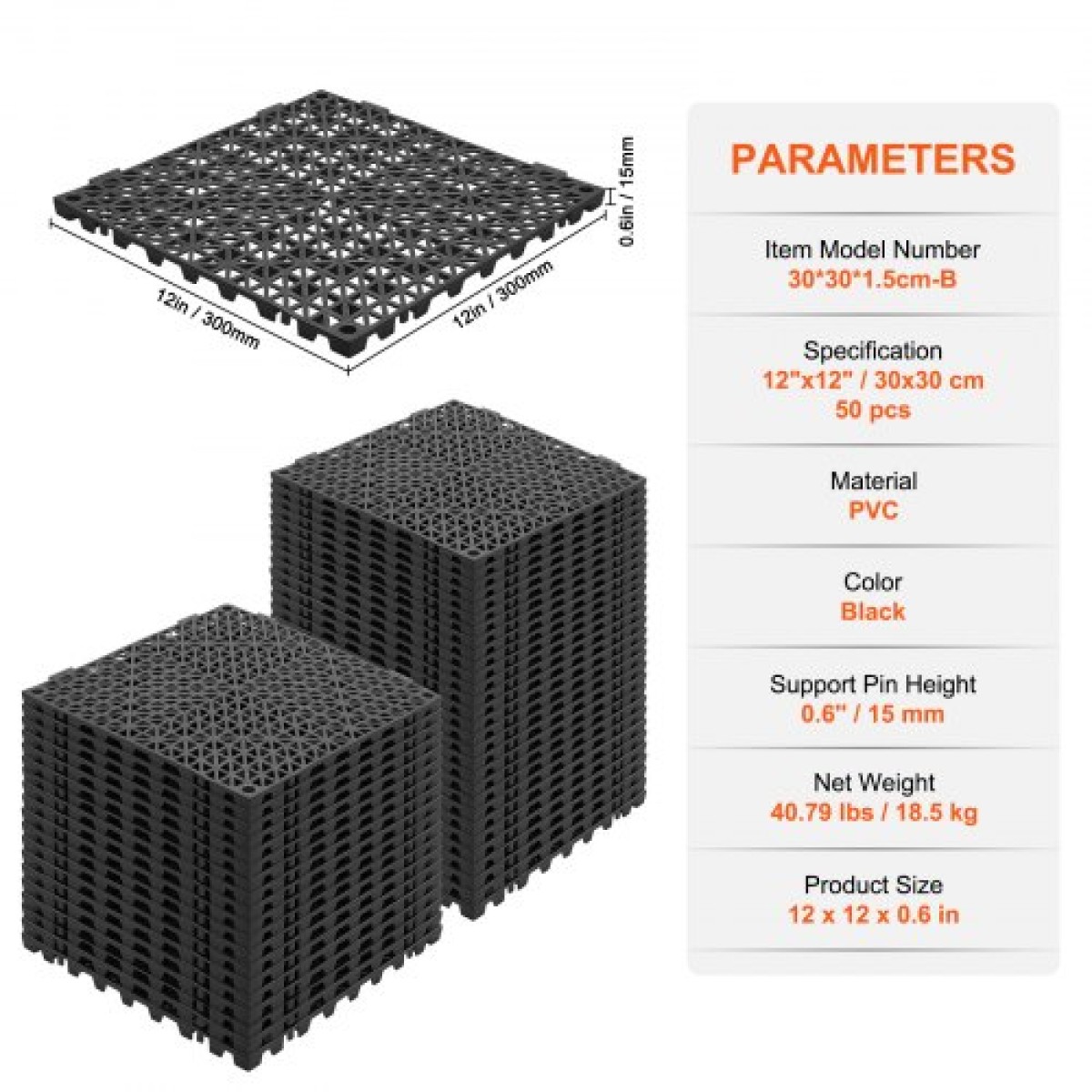 VEVOR Modular Interlocking Cushion, 50 Pack 30 x 30 cm Splicing Dranage Mats, Μαλακό PVC Πλακάκια δαπέδου αποστράγγισης, Αντιολισθητική τρύπα αποστράγγισης για τουαλέτα, Μπάνιο, Κουζίνα, Πισίνα, Υγρό Χώρο, Μαύρο