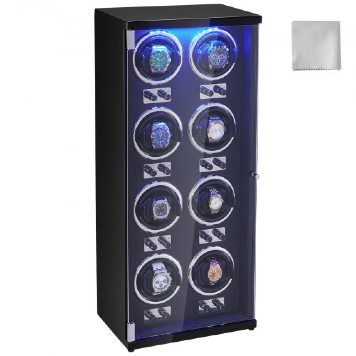 VEVOR Watch Winder, Watch Winder για 8 ανδρικά και γυναικεία αυτόματα ρολόγια, με 8 εξαιρετικά αθόρυβα ιαπωνικά μοτέρ Mabuchi, μπλε φως LED και αντάπτορα, κέλυφος πλακέτας υψηλής πυκνότητας και μαύρο PU