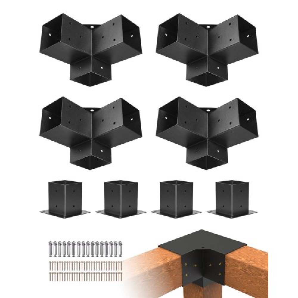 Σετ βραχίονα πέργκολας VEVOR, 4x4 ίντσες (εσωτερικό μέγεθος 92 x 92 mm), 4 τμχ γωνιακό στήριγμα 3-Way Heavy Duty Woodworks DIY Base Post Kit, Ξύλινα δοκάρια εύκολης εγκατάστασης για κιόσκια, πέργκολες βεράντας, ξύλινη καμπίνα