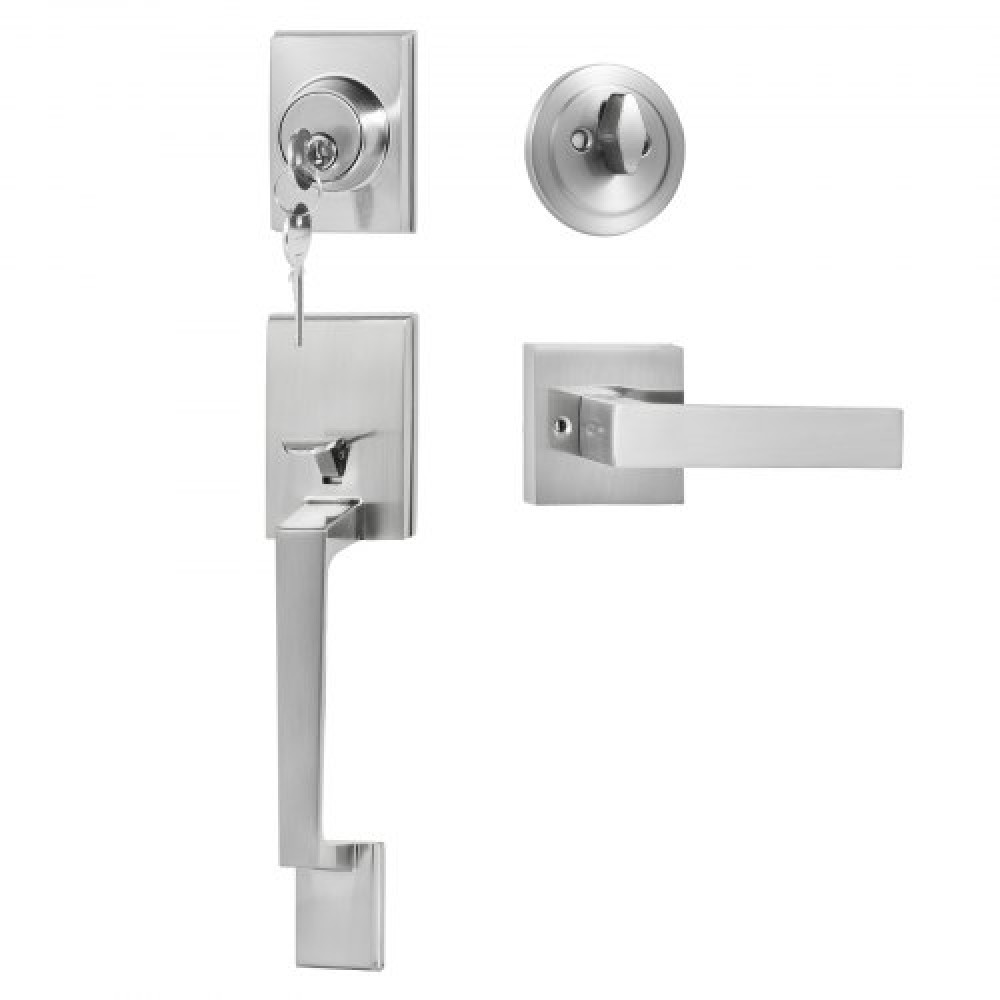 Σετ χειρολαβής μπροστινής πόρτας και Deadbolt VEVOR, Σετ τετράγωνης λαβής εισόδου με μοχλό, μονοκύλινδρος, ρυθμιζόμενος χώρος οπών, αναστρέψιμος για δεξιά και αριστερόχειρη είσοδο και μπροστινές πόρτες, σατέν νικέλιο